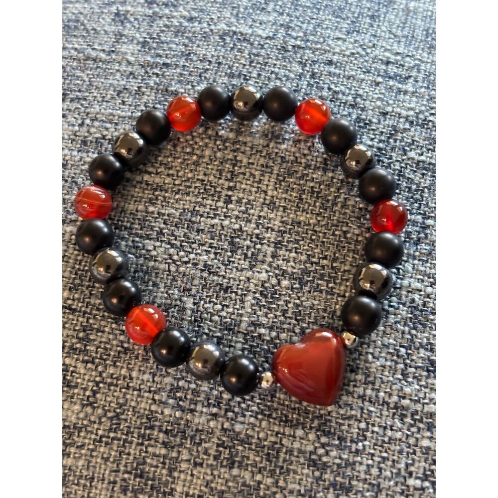 Black Gray Red Beaded Bracelet with Red Heart Bead, Elastic Band